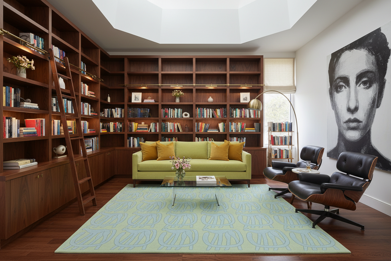 Modern living room with blue rug,  bookshelves, green sofa, and stylish chairs.