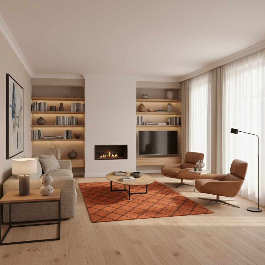 A modern, well-lit living room featuring a built-in fireplace, wooden bookshelves, a gray sofa, two brown leather armchairs, a round coffee table, and a terracotta-colored geometric area rug on light wood floors.