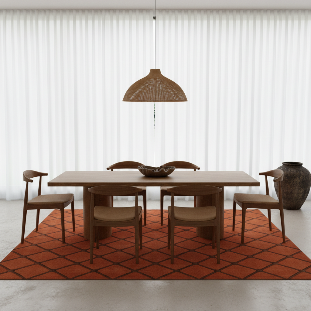 Dining area with wooden table and chairs on a terracotta rug, white walls, and a hanging woven lamp.