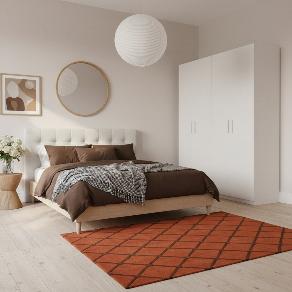 A modern bedroom interior featuring a bed dressed in brown bedding and a gray throw blanket, with a white headboard, white wardrobe, orange patterned rug, and a white paper lantern hanging from the ceiling.