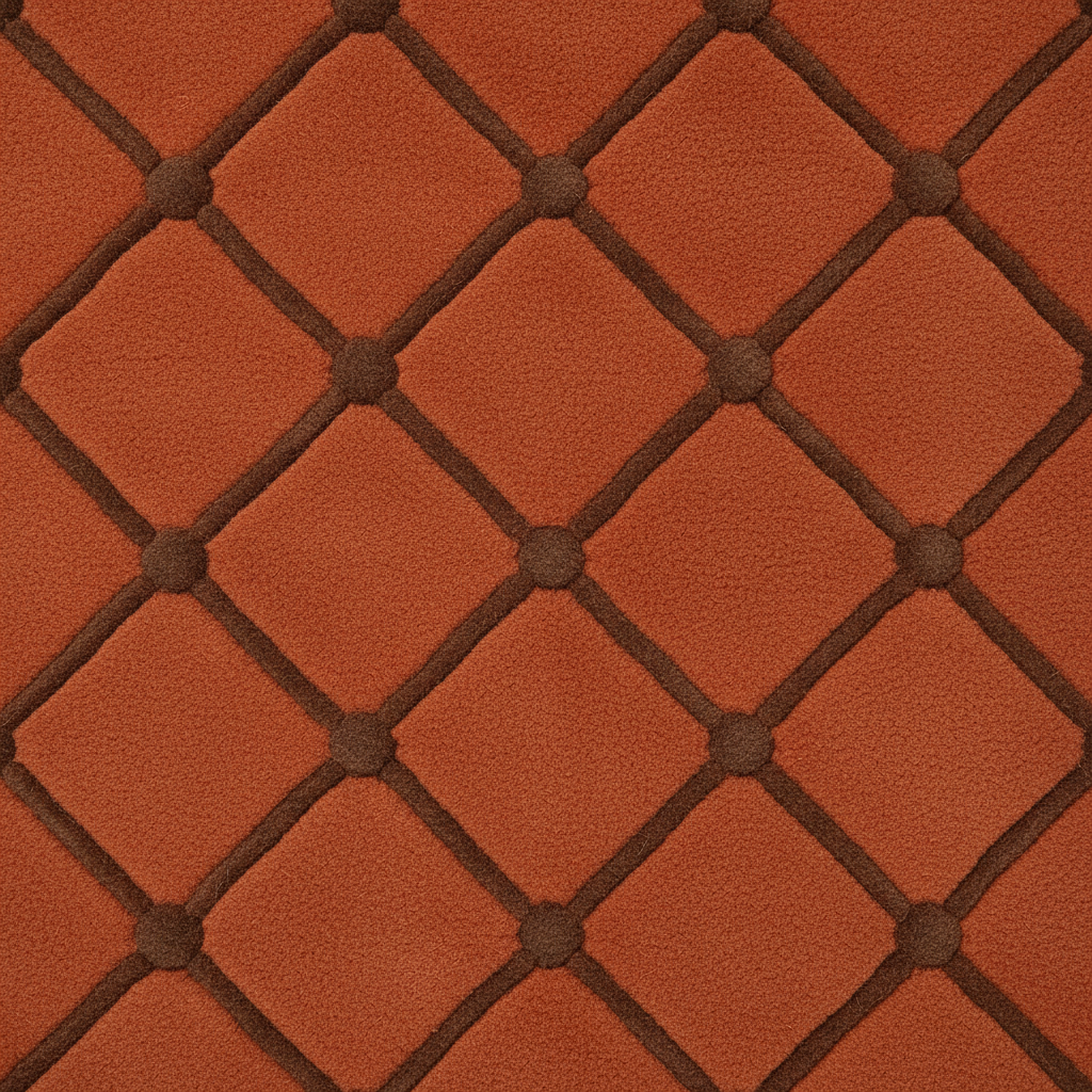 A close-up of a textured terracotta orange fabric with a dark brown diamond lattice pattern and raised button details.