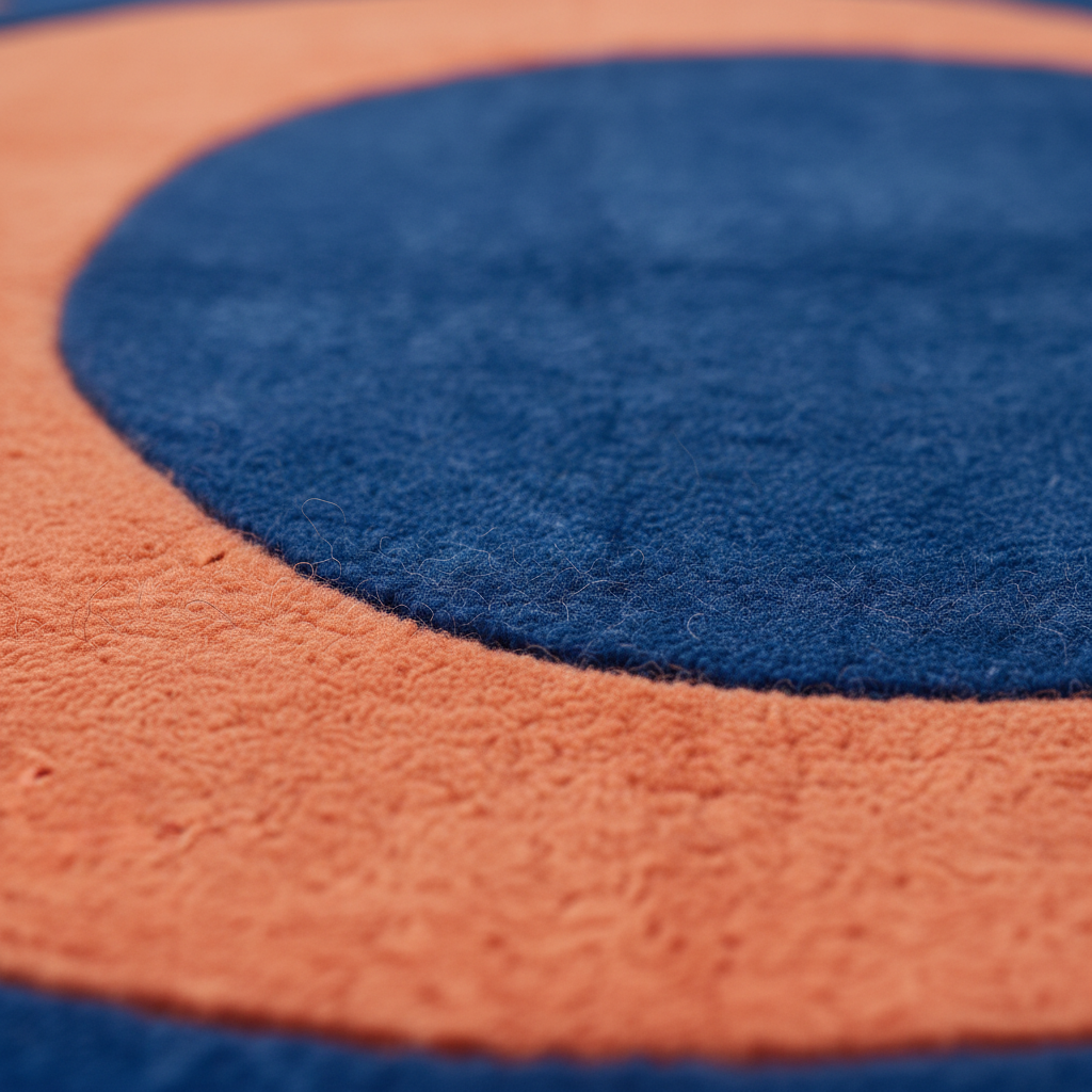 Close-up of a textured circular rug or mat with concentric rings in dark blue and warm orange.