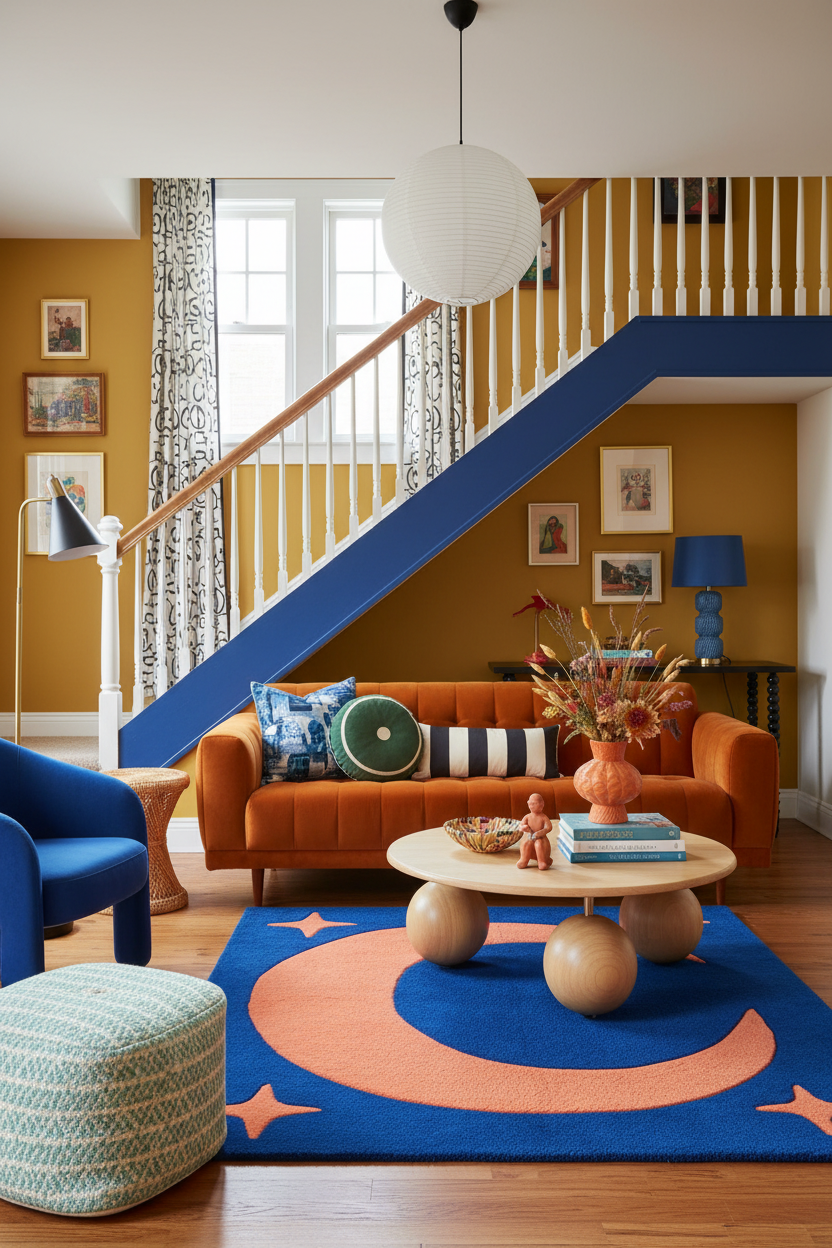 Modern living room with orange sofa, blue rug, and colorful decor