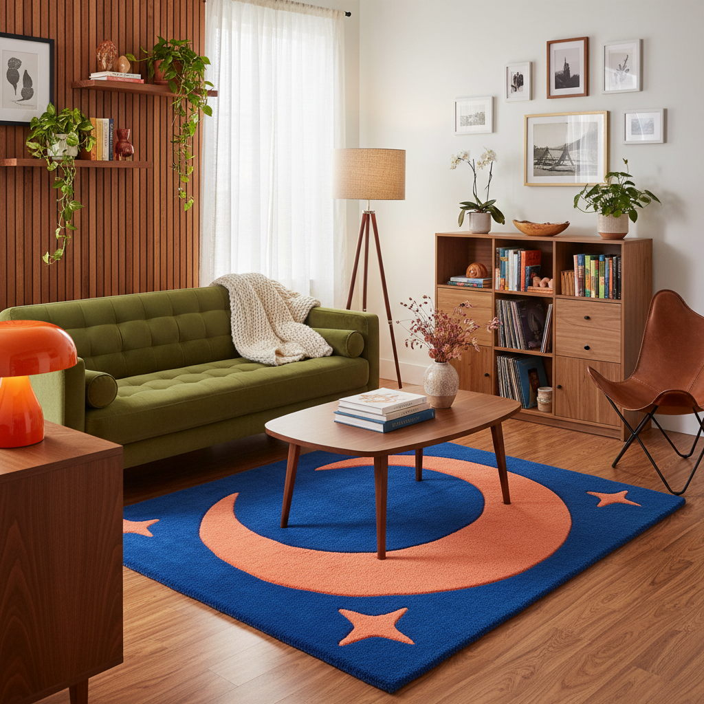 A cozy living room scene featuring a prominent blue and orange rug with a crescent moon and star pattern, styled with a green sofa, wooden coffee table, and warm wood shelving.