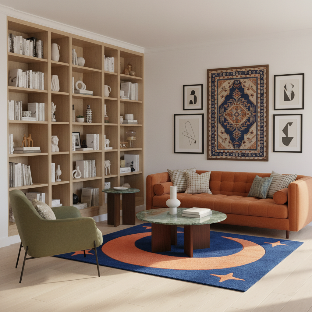 A styled living room interior featuring a rust-orange sofa, a green armchair, a round glass-top coffee table, a blue rug with orange and cream circular motifs, a large light wood bookcase filled with books and decor, and framed wall art above the sofa.