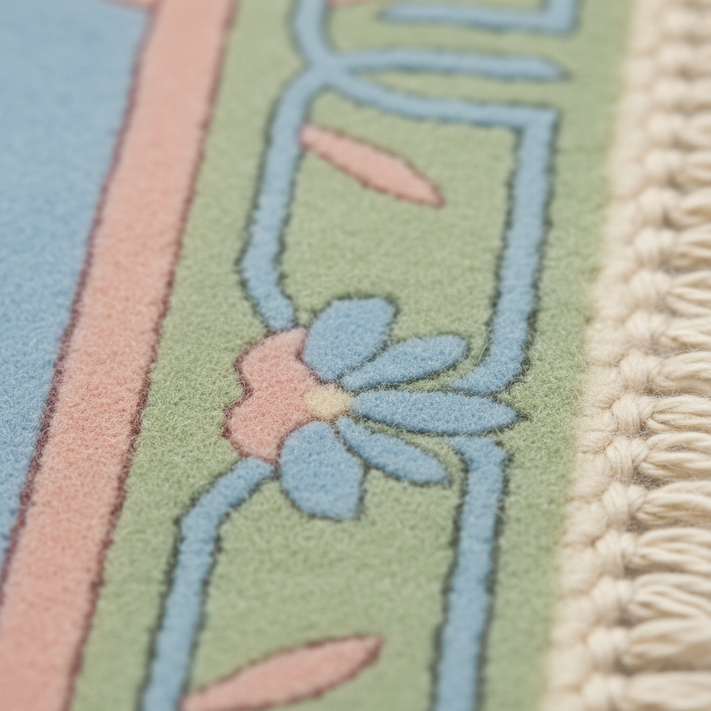 Close-up of a textured rug with a floral pattern in pastel blue, pink, and light green, featuring a cream-colored braided fringe on the right.