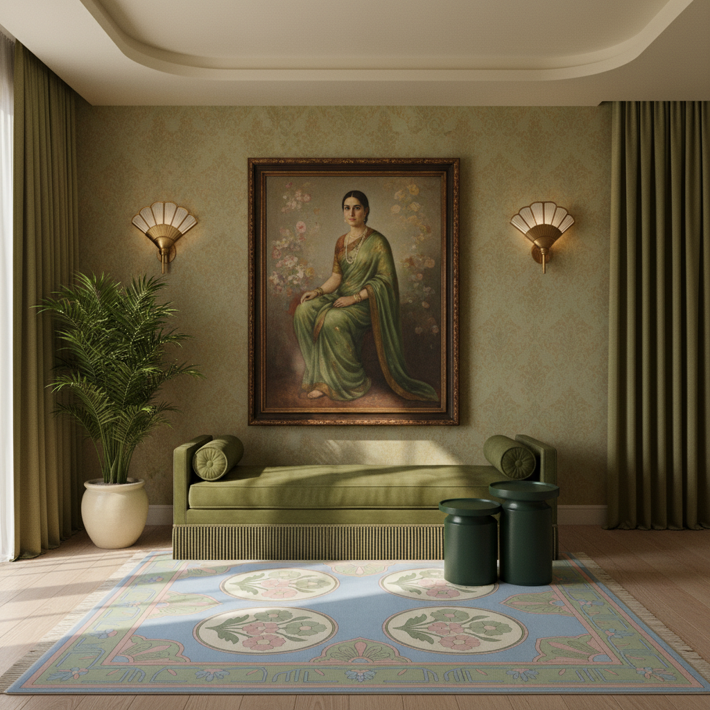 A large framed portrait painting of a woman in a green sari hangs on a textured olive-green wall above a matching green chaise lounge. The room is styled with olive green curtains, gold wall sconces, a potted palm, and a decorative blue and pink patterned rug.