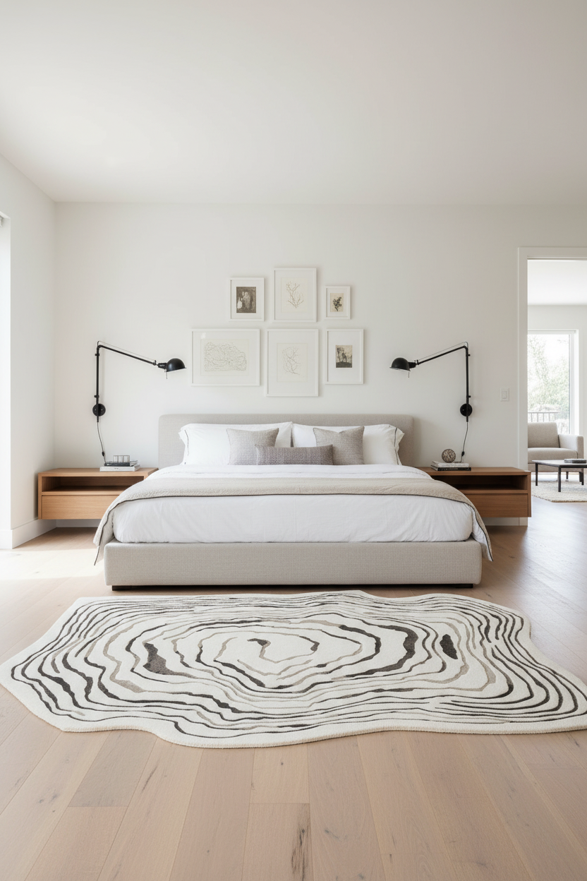A modern bedroom featuring a low-profile platform bed with white bedding, a large organic-shaped black and white abstract patterned rug on light wood flooring, and black adjustable wall sconces on wooden nightstands.