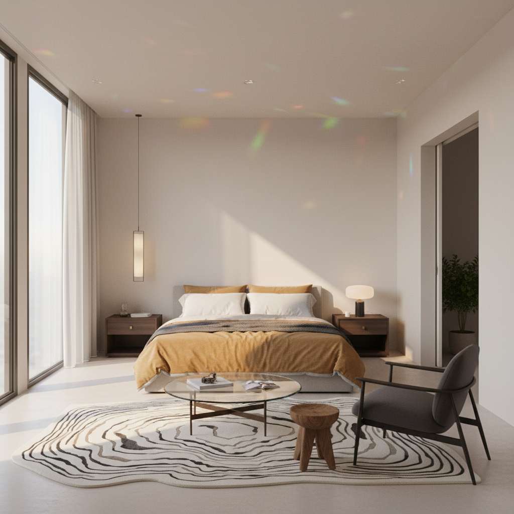 A modern bedroom interior with a bed dressed in mustard yellow bedding, flanked by matching nightstands and a hanging lamp. A gray upholstered armchair sits beside a round coffee table and a black-and-white patterned rug.
