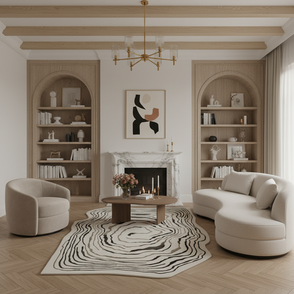 Modern living room with a fireplace, bookshelves, organic shaped rug, and a white sofa.