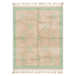 Beige and green patterned rug with tassels on a white background