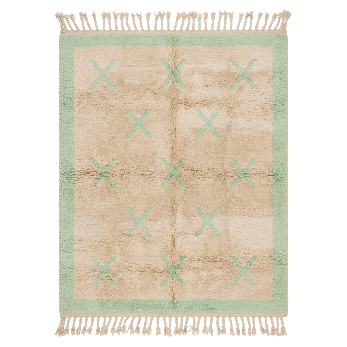 Beige and green patterned rug with tassels on a white background