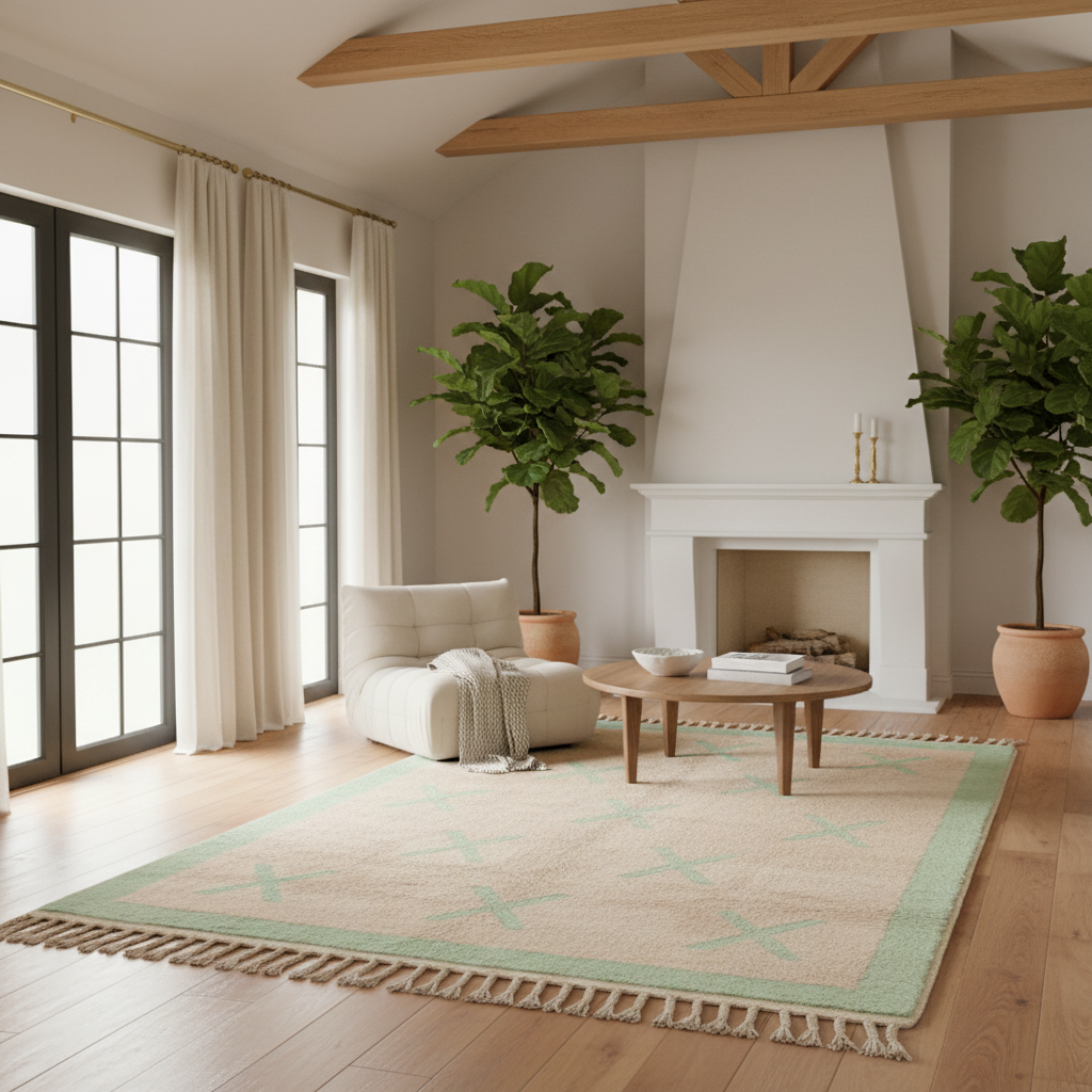 A styled living room featuring a large beige and sage green area rug with fringe, styled with a cream lounge chair, wooden coffee table, potted fiddle-leaf fig plants, and a white fireplace.
