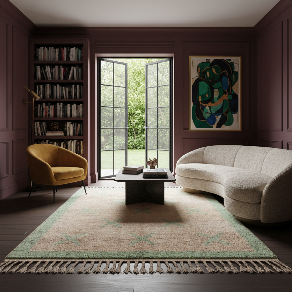A styled interior room with deep burgundy walls, a cream curved sofa, a mustard yellow armchair, a beige rug with fringe, dark wood floors, and a large framed abstract painting on the wall.