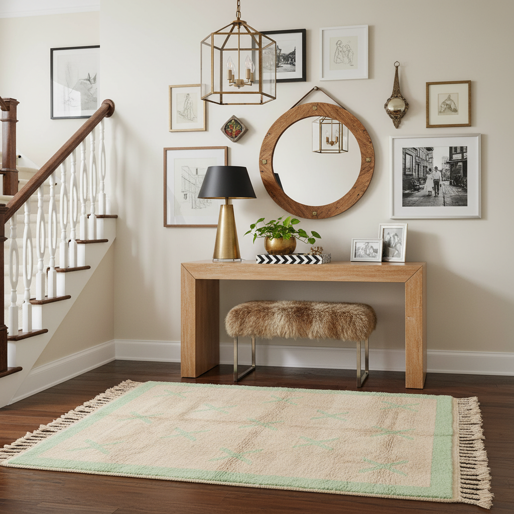 Narrow wooden console table with runner rug, decorative items in a home interior setting.
