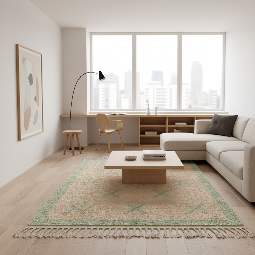 A modern living room with a light beige sectional sofa, a low wooden coffee table, and a large beige area rug with green fringe and geometric patterns. The room features light wood floors, a minimalist desk by a large window, and a framed abstract art print on the wall.