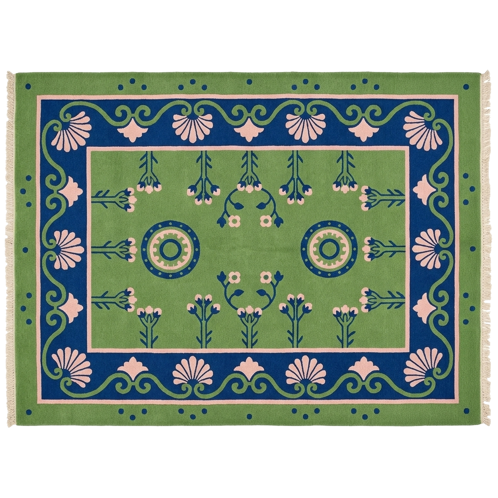 A rectangular woven rug with a green field, blue border, and pink floral motifs, shown flat against a white background.