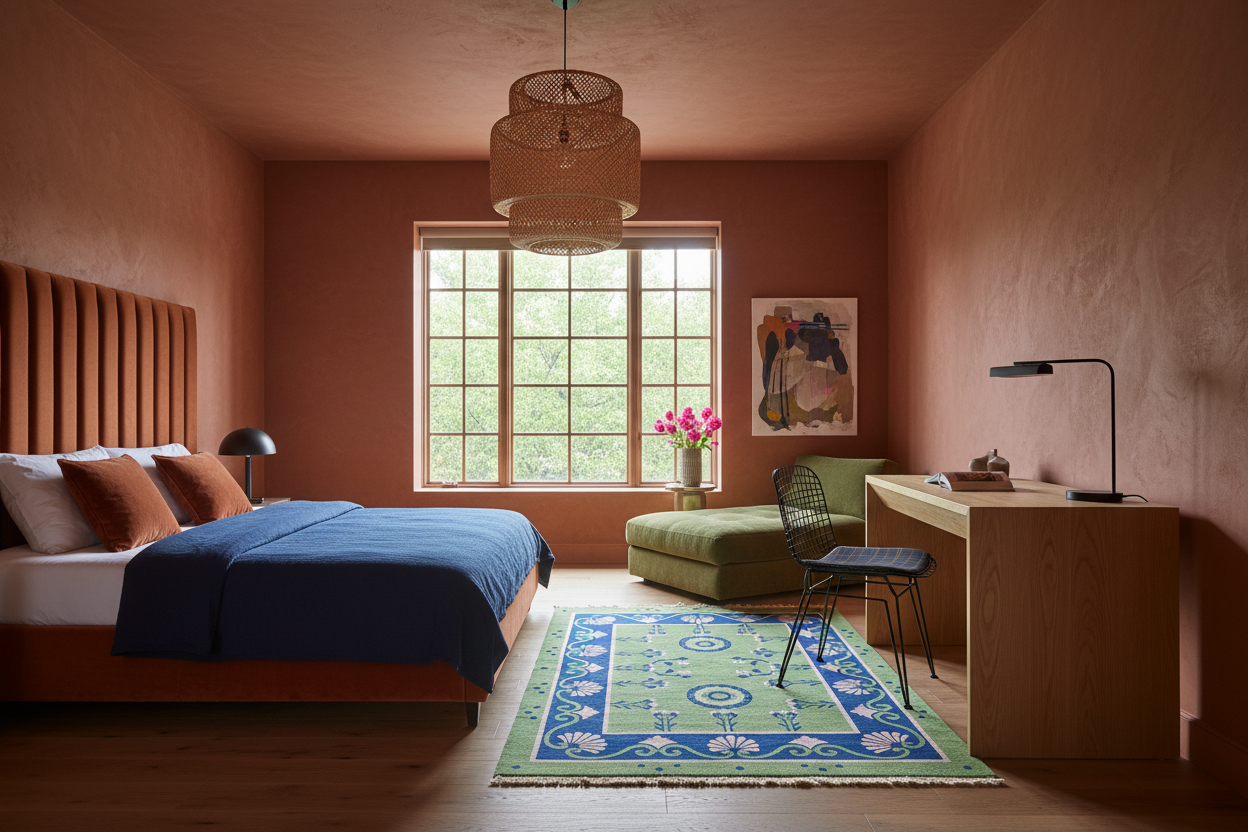 Modern bedroom with pink walls, a bed, desk, and green rug.