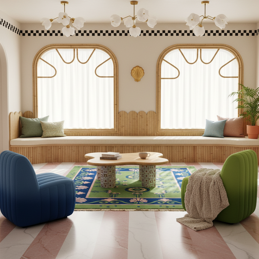 A beautifully styled bohemian living room featuring two curved window nooks with built-in beige bench seating, a green and blue patterned area rug, a round wooden coffee table, two modern accent chairs (one blue, one green), and two brass chandeliers above two arched windows.