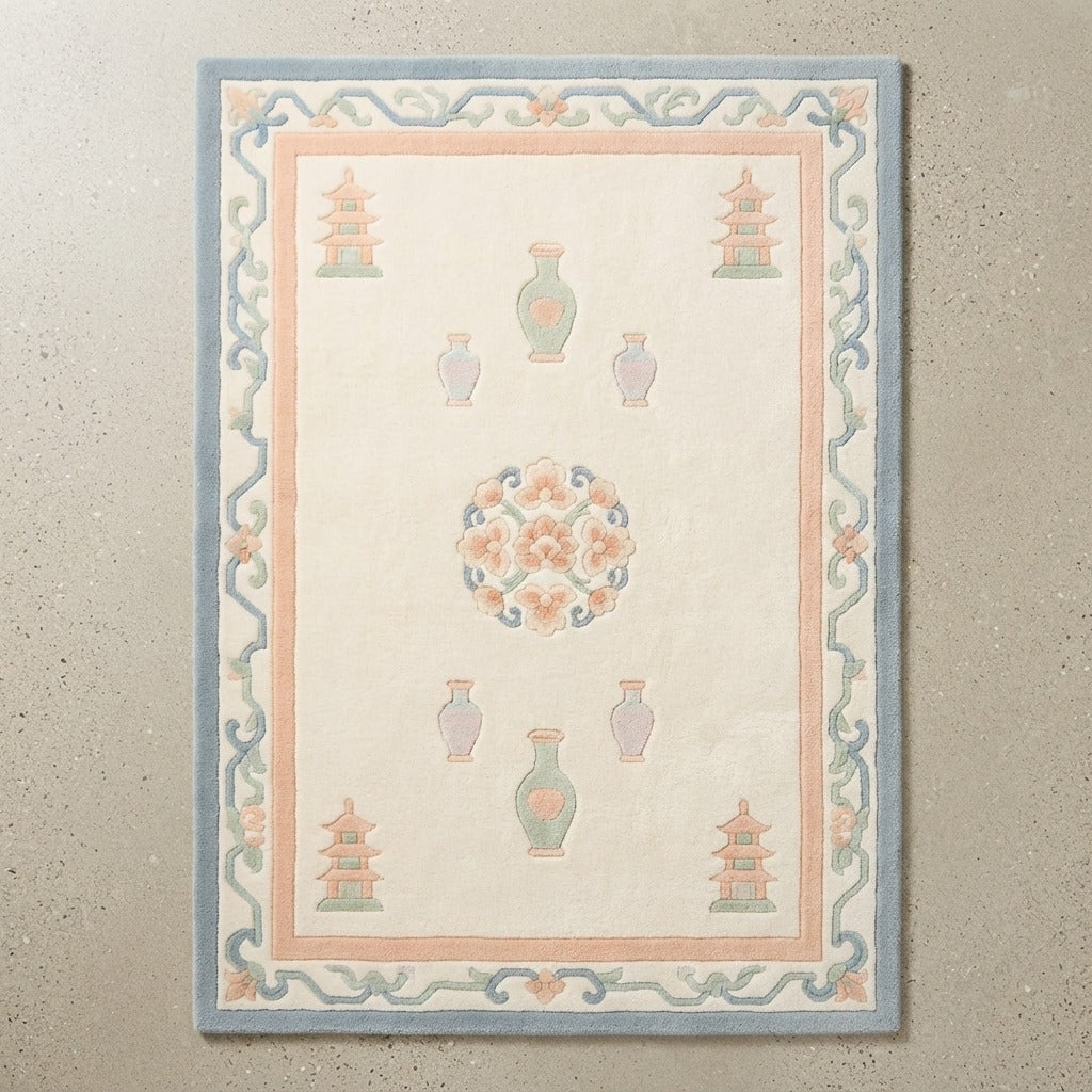 Pagoda Porcelain Garden Hand Tufted Wool Rug - studio photo