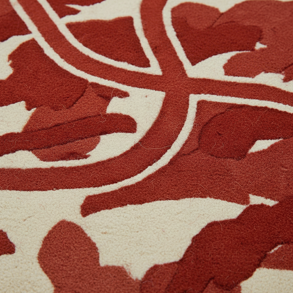 A close-up of a textured area rug featuring a bold abstract pattern in deep red and cream.