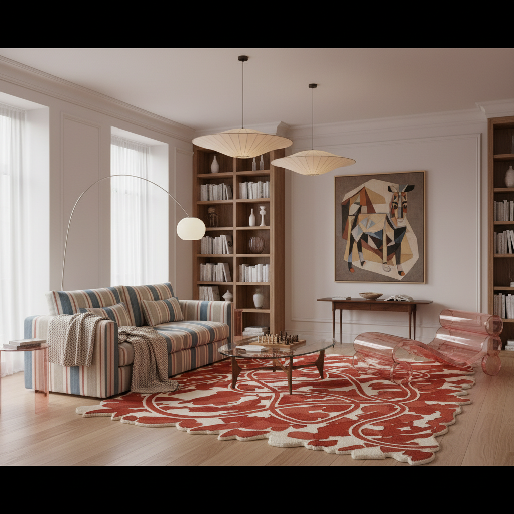 A modern living room interior with a striped sofa, patterned red and cream rug, wooden shelving, pendant lights, and a pink lounge chair.