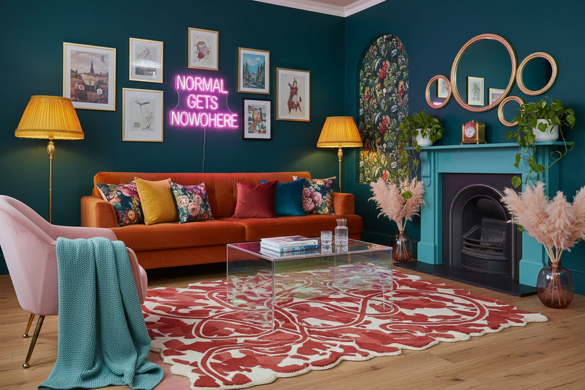 Modern living room with orange sofa, pink chair, red rug, and decorative elements.