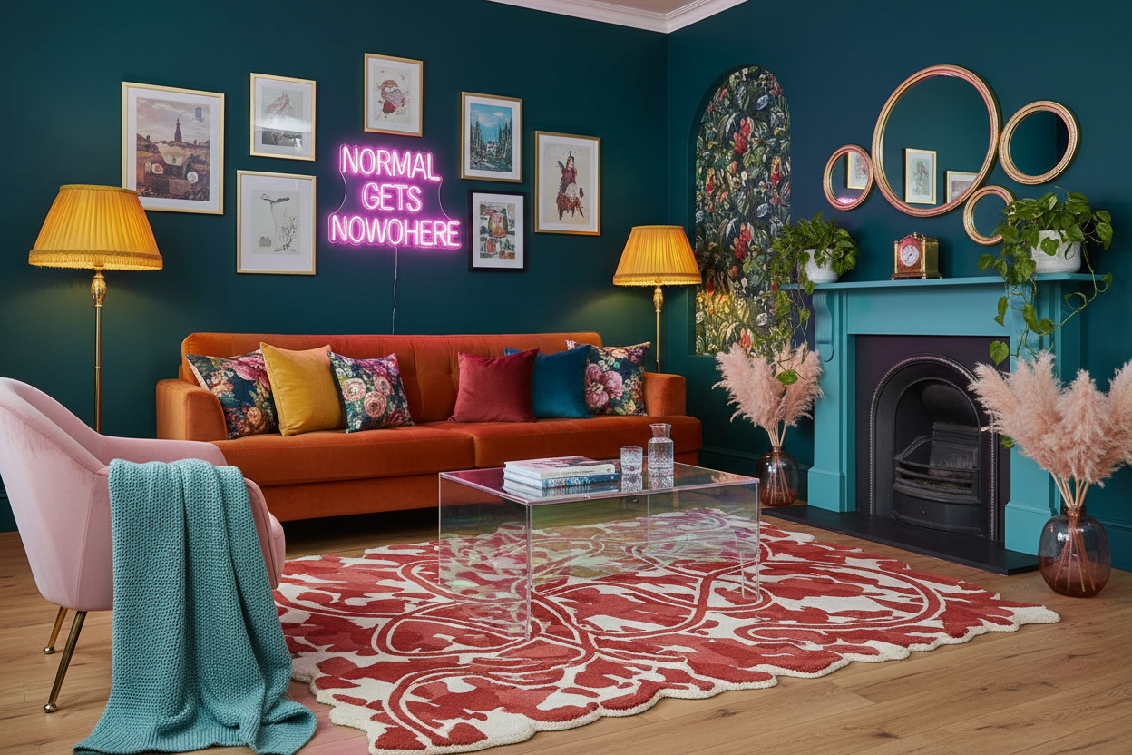 Modern living room with orange sofa, pink chair, red rug, and decorative elements.