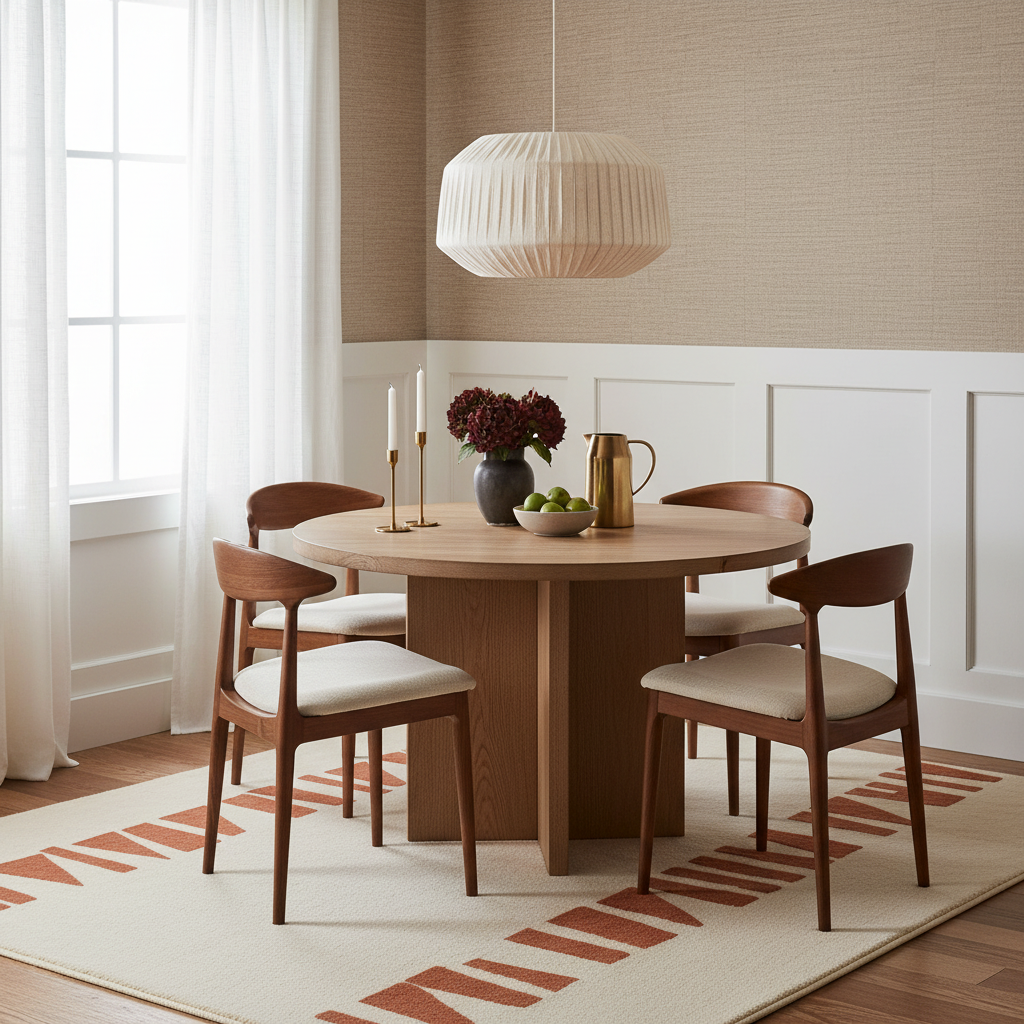 Dining room with a round wooden table and chairs, featuring a geometric rug