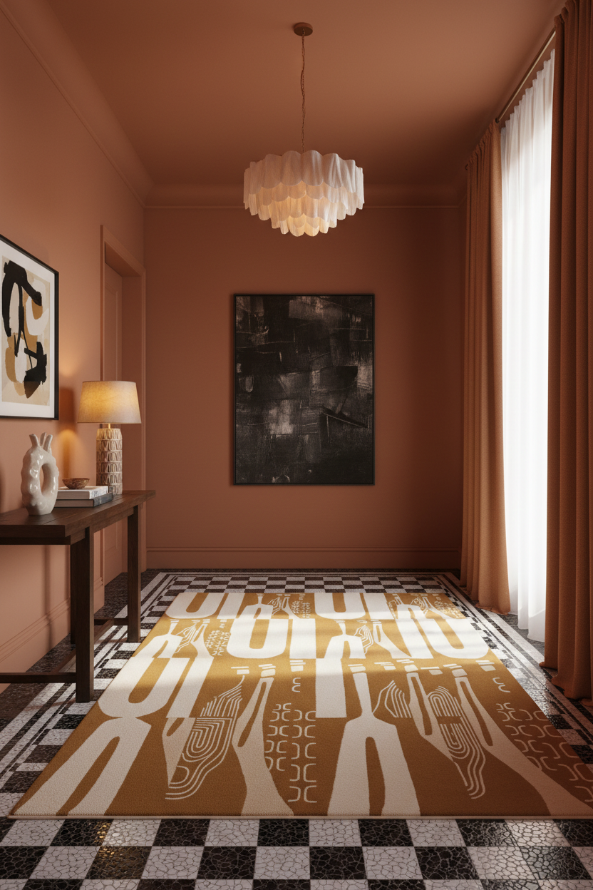 A large rectangular area rug with bold cream geometric and tribal-inspired patterns on a warm mustard-brown base, styled in a modern hallway with a black-and-white checkered floor, warm terracotta walls, and a white pendant light.