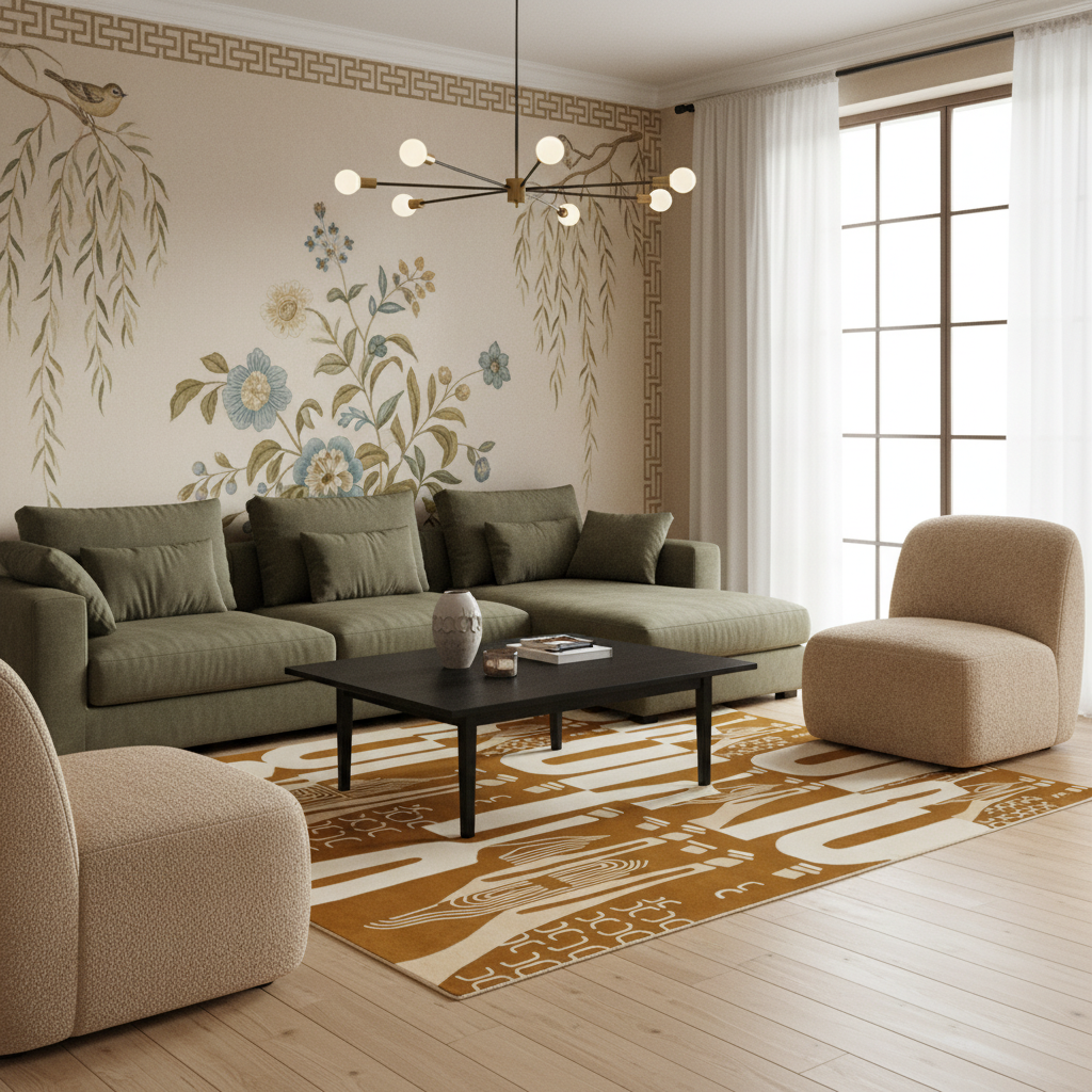 A styled living room featuring a sage green sectional sofa, a matching accent chair, a beige armchair, a black coffee table, and a patterned mustard and cream rug. The background showcases a beige wall with botanical and bird illustrations, a Greek key border, and a modern multi-arm chandelier.