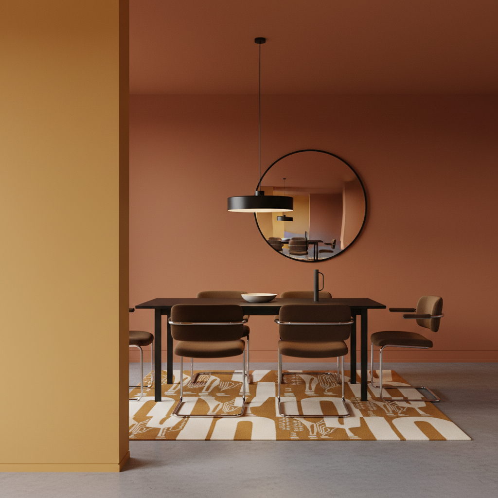 A modern dining room scene with a dark wood table, four brown upholstered chairs, a black pendant light, a round wall mirror, and a patterned rug in warm terracotta and mustard tones.