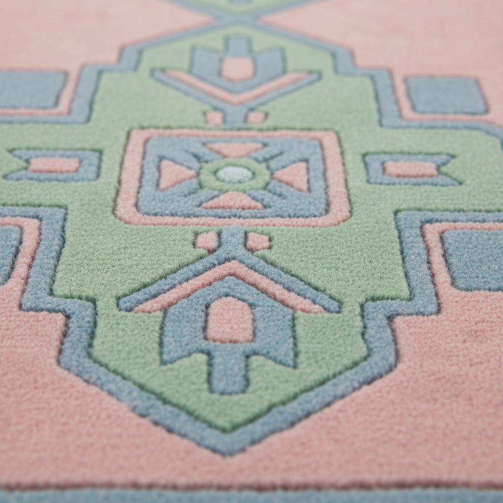 Close-up of a textured area rug with a geometric medallion pattern in pastel pink, sage green, and light blue.