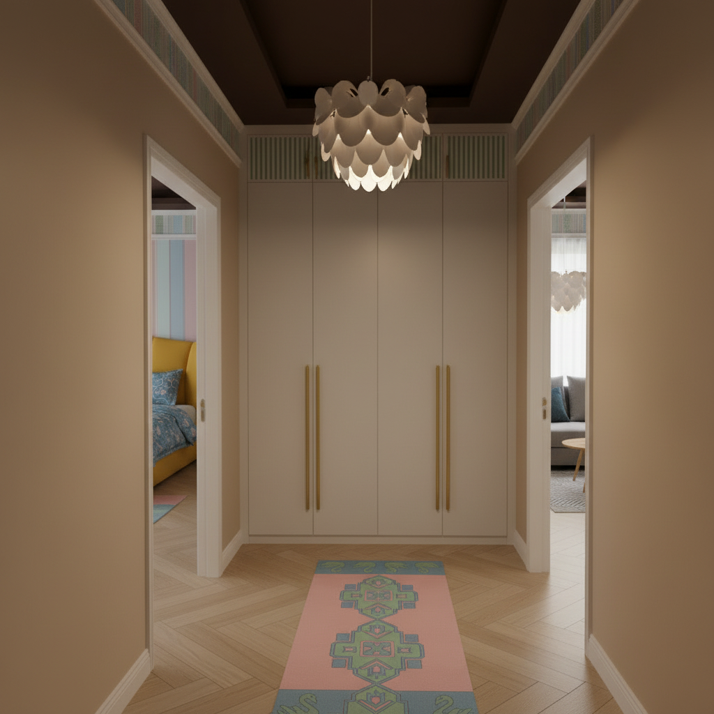 A modern interior hallway with a large cream-colored wardrobe featuring gold handles, a pink patterned runner rug, and a decorative flower-shaped pendant light hanging from a dark ceiling.