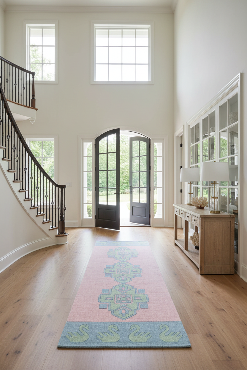 pink blue swan runner rug in large entryway
