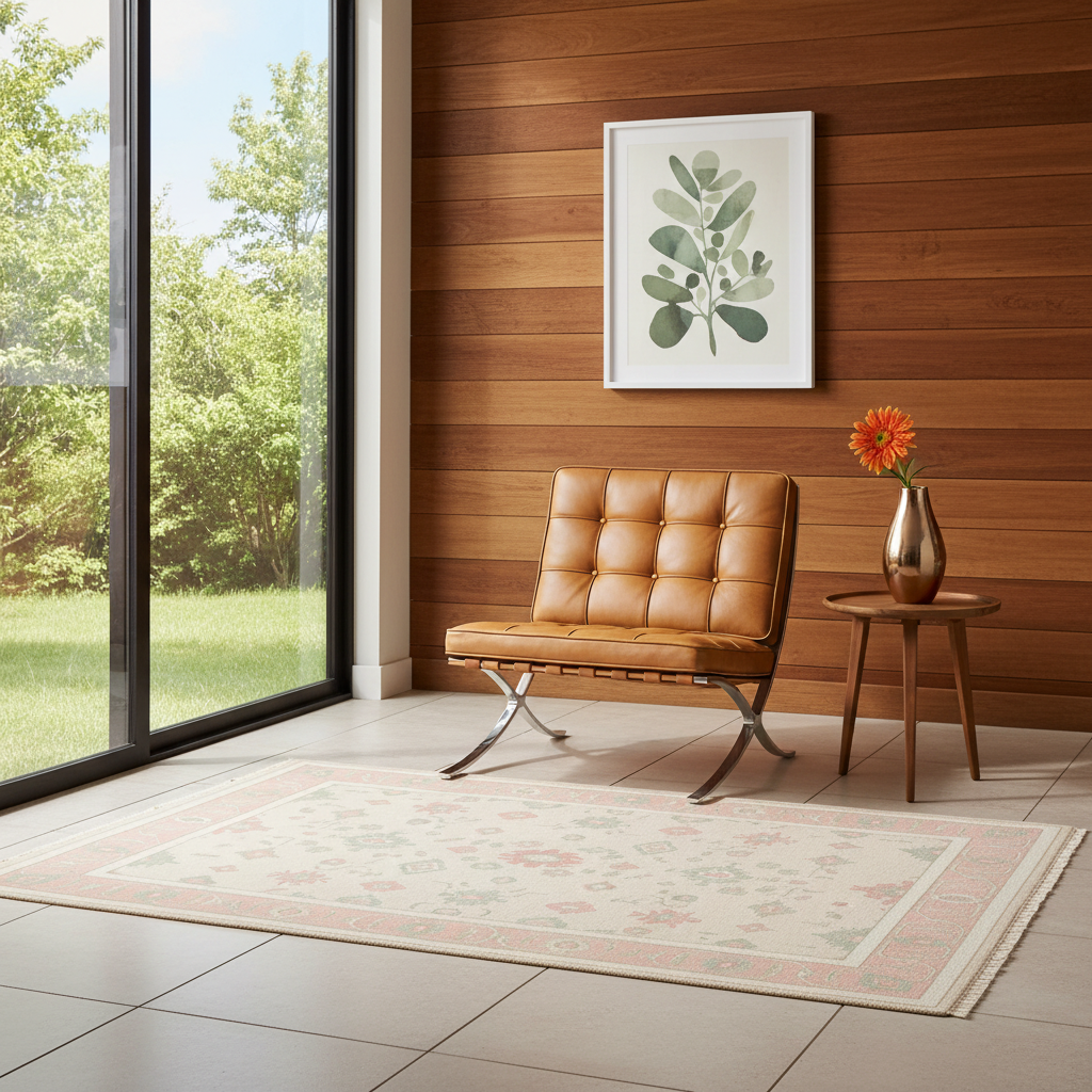A modern living room corner featuring a tan leather tufted accent chair with a chrome X-frame base, set on a cream floral area rug next to a small wooden side table with a copper vase holding an orange flower. The background is a warm wood-paneled wall with a framed botanical print, and a large sliding glass door on the left reveals a green lawn.