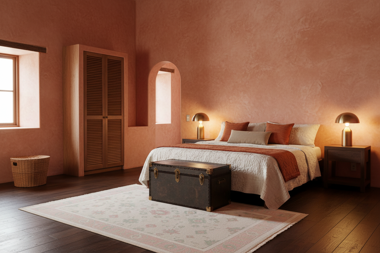 Neatly arranged bedroom with a bed, pastel cream floral rug, nightstands, and a wardrobe.