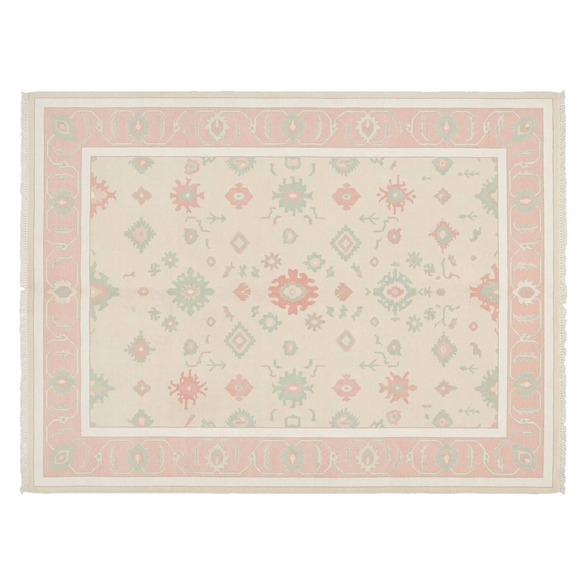 A rectangular area rug with a cream background, a dusty pink border, and a central medallion pattern in sage green, coral pink, and light blue.