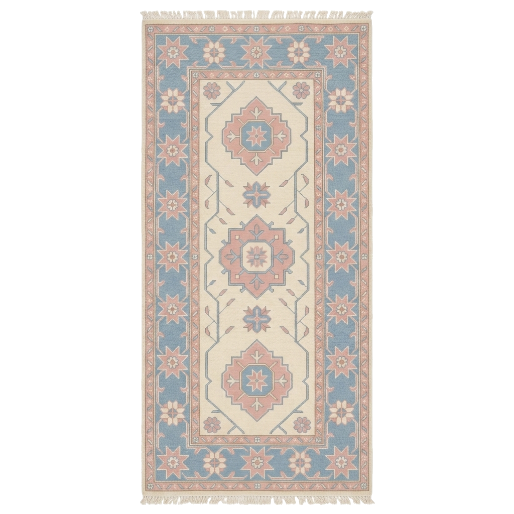 Pastel Blue Starburst Hand Knotted Runner Rug