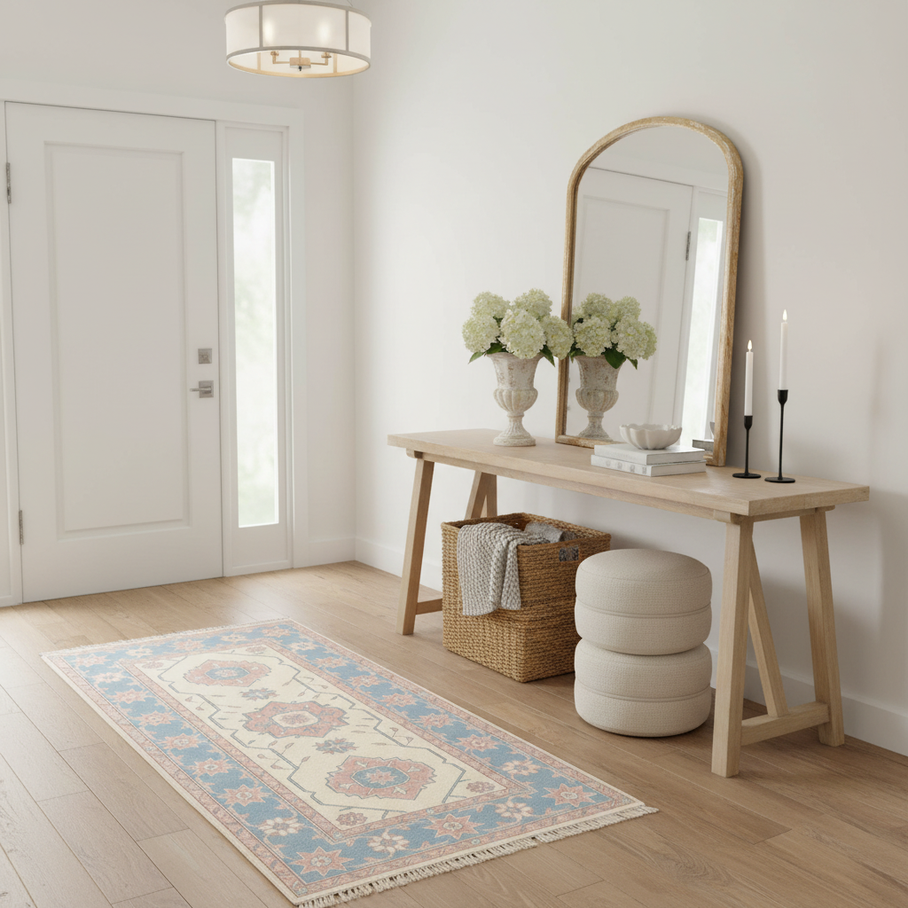 Pastel Blue Starburst Hand Knotted Runner Rug
