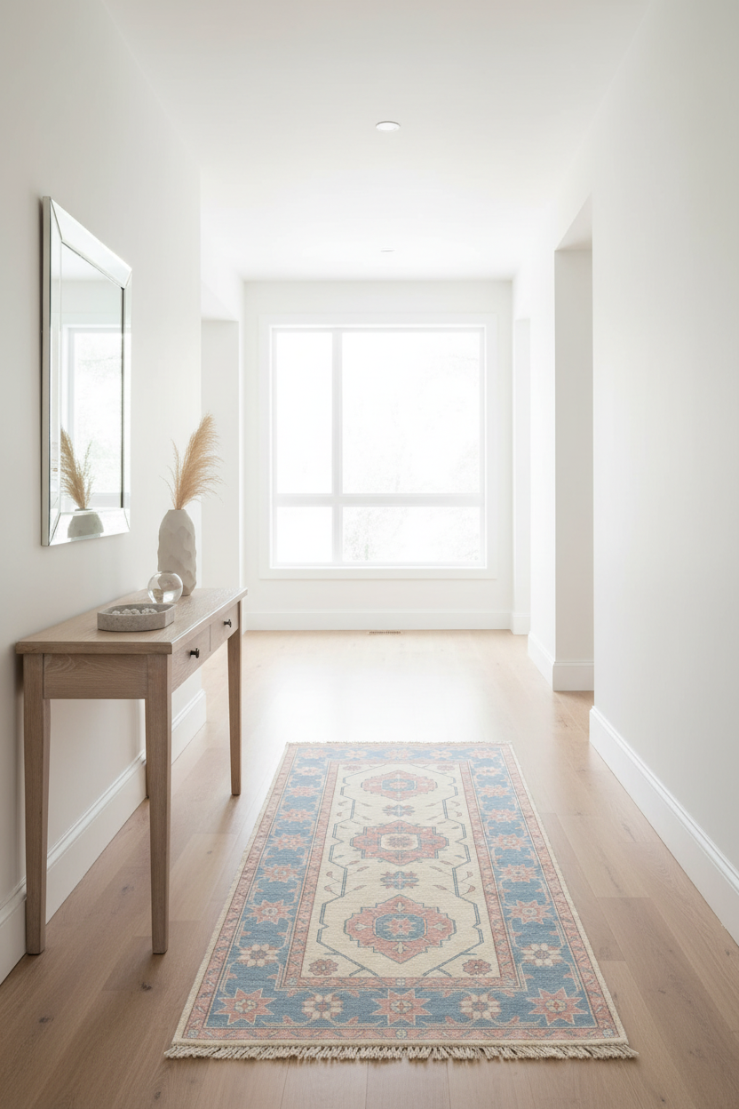 A long runner rug with a traditional medallion pattern in blue, beige, and rust tones, styled on a light wood floor in a bright, modern hallway with a console table and mirror.
