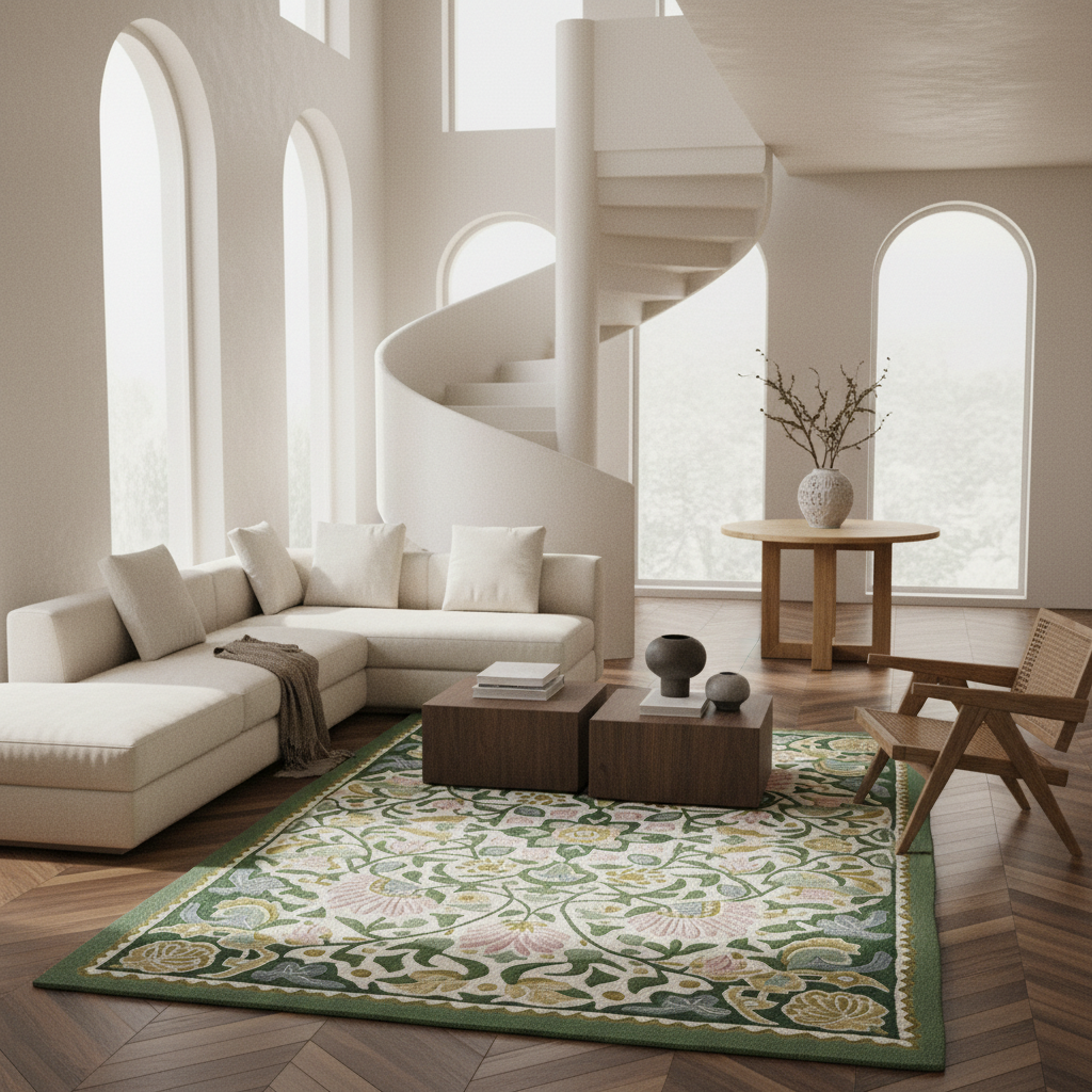 A large rectangular area rug with a green border and an intricate floral and vine pattern in green, beige, and pink, styled in a bright, modern minimalist living room with a spiral staircase and wooden furniture.