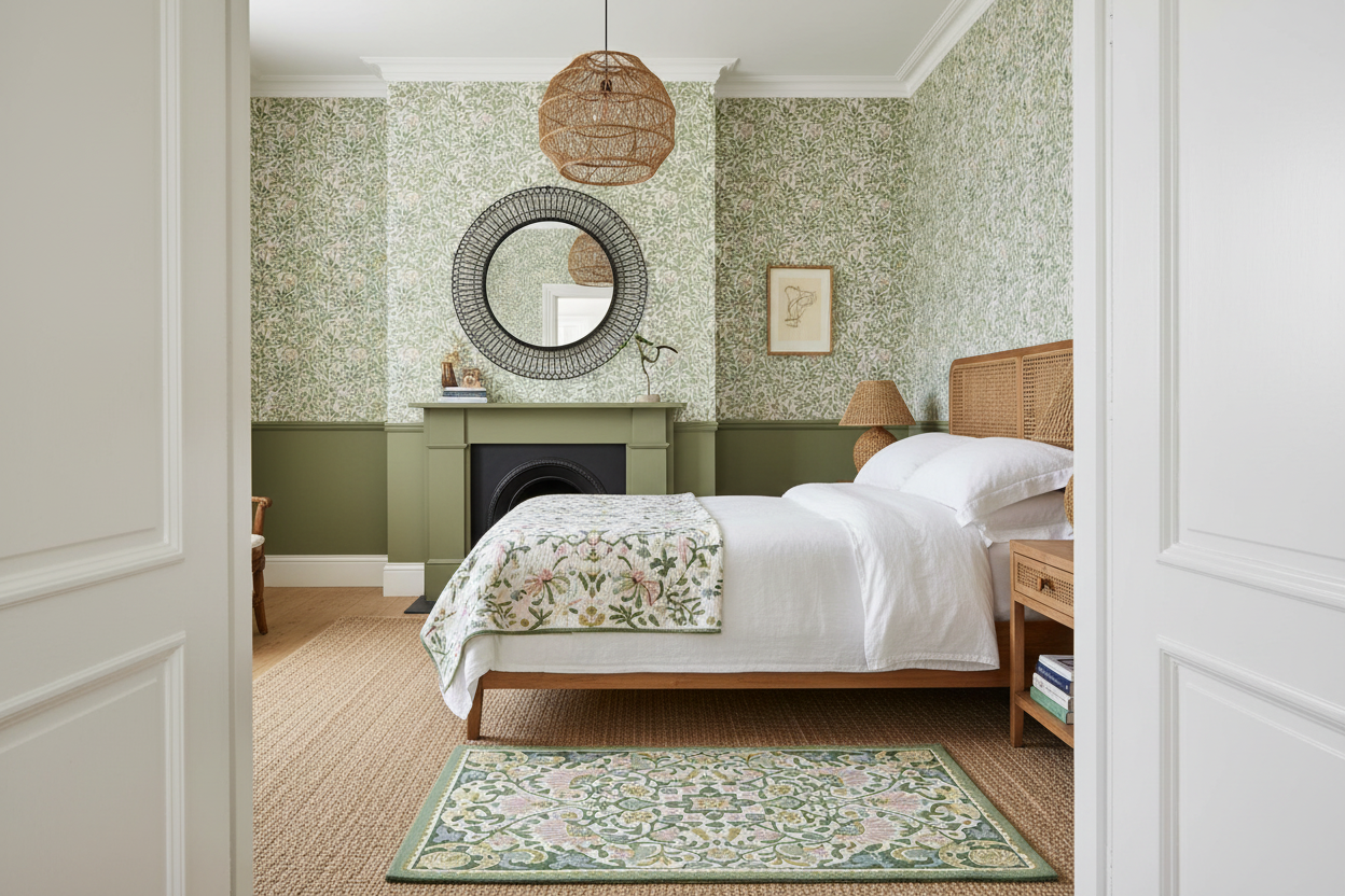 Bedroom with green floral rug, wallpaper, wooden bed, and decorative elements.