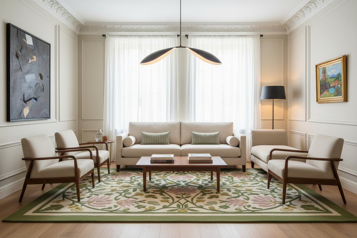 A beautifully styled living room featuring a cream-colored sofa, two matching armchairs, a wooden coffee table, and a large green and pink floral area rug. The room has elegant cream walls with white wainscoting, a modern black and gold pendant light, and framed abstract and landscape art.