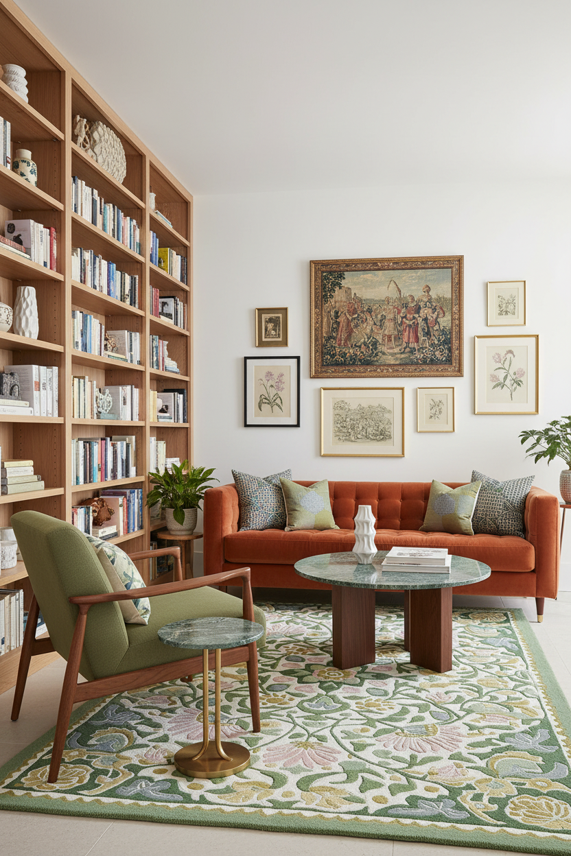 A styled living room featuring a rust-orange tufted sofa, a green armchair, a large floral green and cream area rug, and a tall wooden bookshelf filled with books against a white wall with framed art.