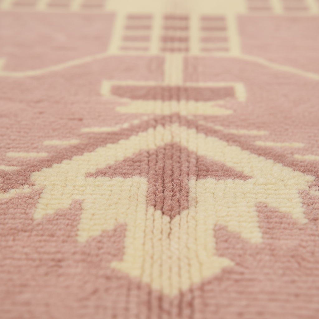 Close-up of a textured rug with a geometric pattern in dusty pink and cream, showing the detailed pile and soft lighting.