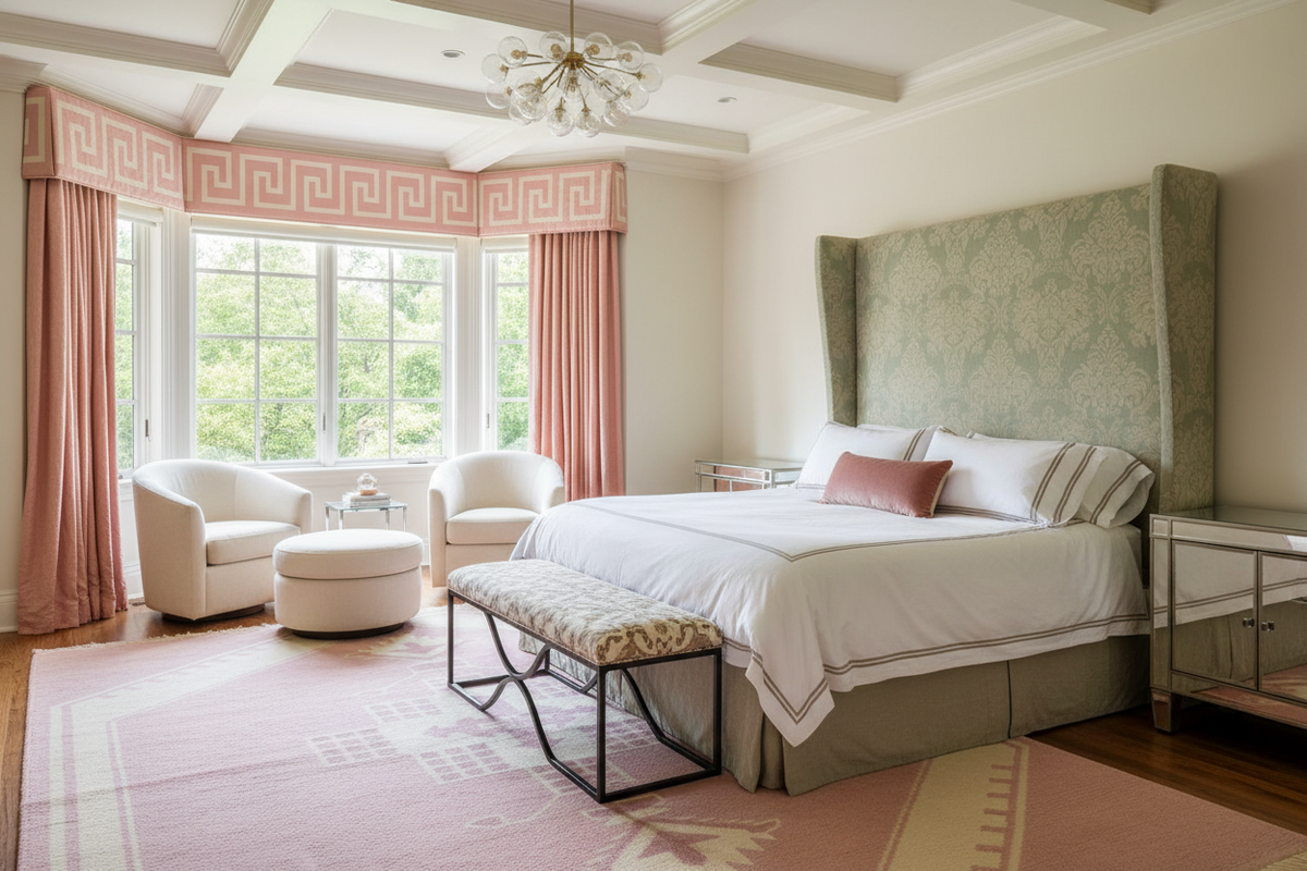 Luxurious bedroom with pink curtains, pink rug, white furniture, and a large bed.