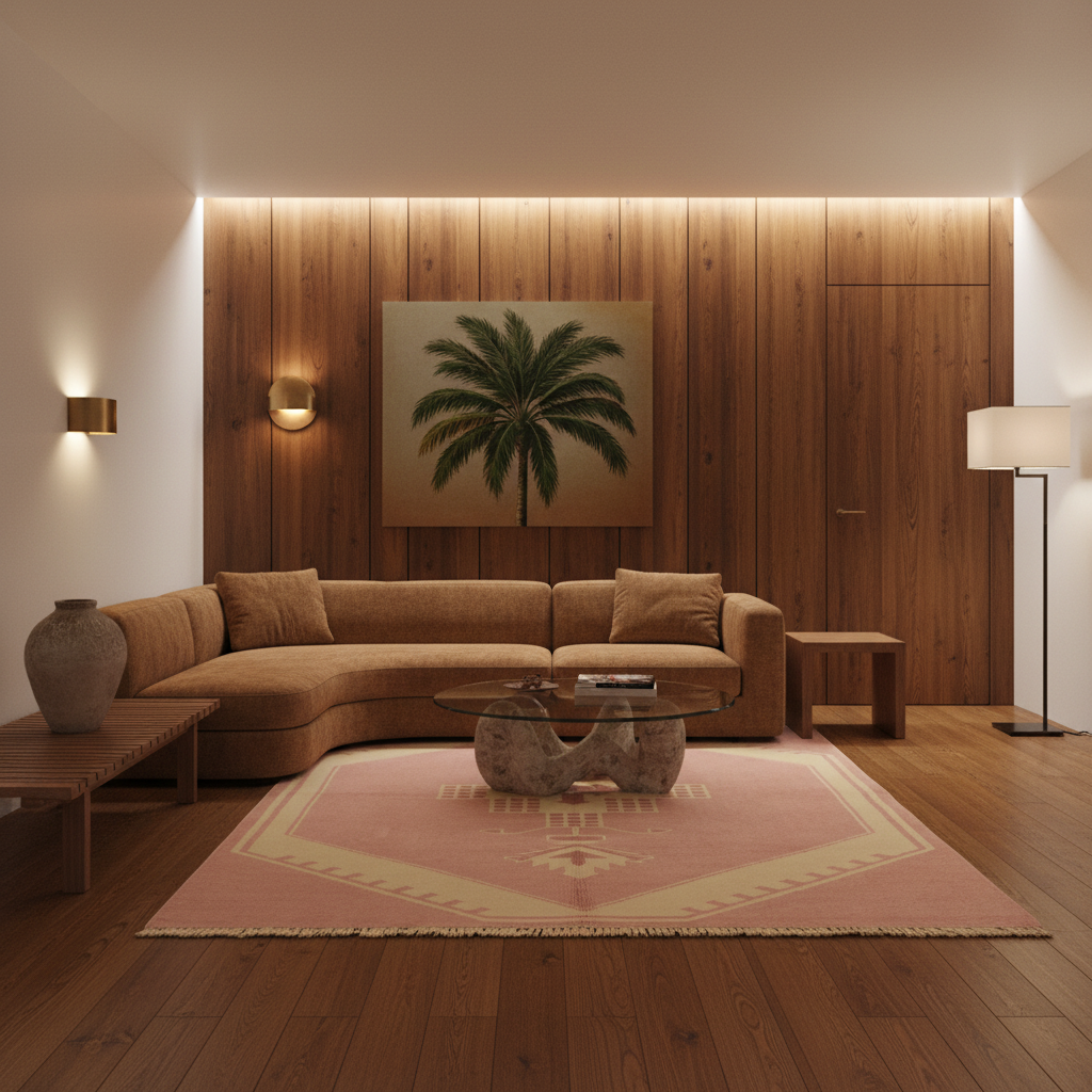 A modern living room featuring a curved tan sectional sofa, a pink and beige patterned rug, a glass-top coffee table, and a large wood-paneled accent wall with a framed palm tree painting.