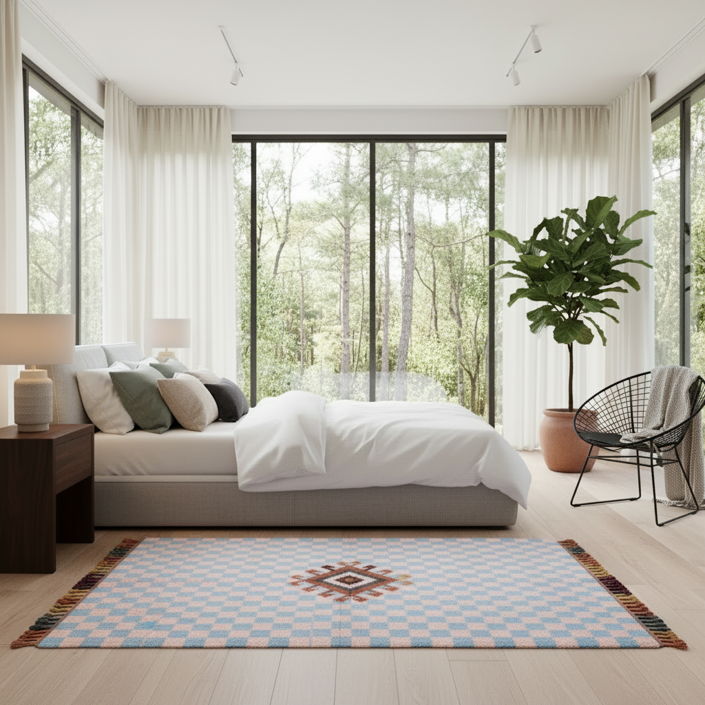Modern bedroom with a bed, moroccan rug, and large windows overlooking trees