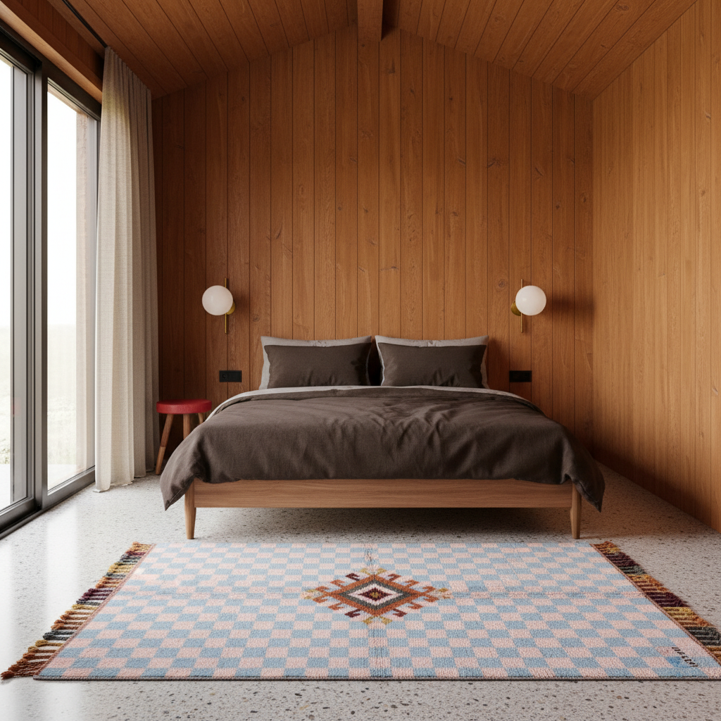 A styled bedroom interior with a wooden bed, dark bedding, and a light blue and beige patterned rug in the foreground. The room has wood-paneled walls, a large window with sheer curtains, and two wall-mounted spherical lamps.
